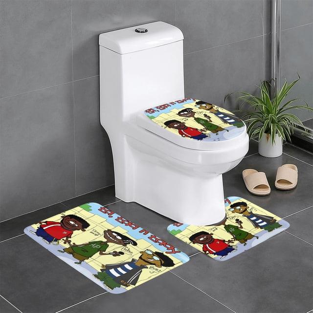 Ed, Edd y Eddy Juego de 3 alfombras de baño de coral fleece: tapete de baño + alfombra de inodoro en forma de U + funda de tapa de inodoro en forma de O