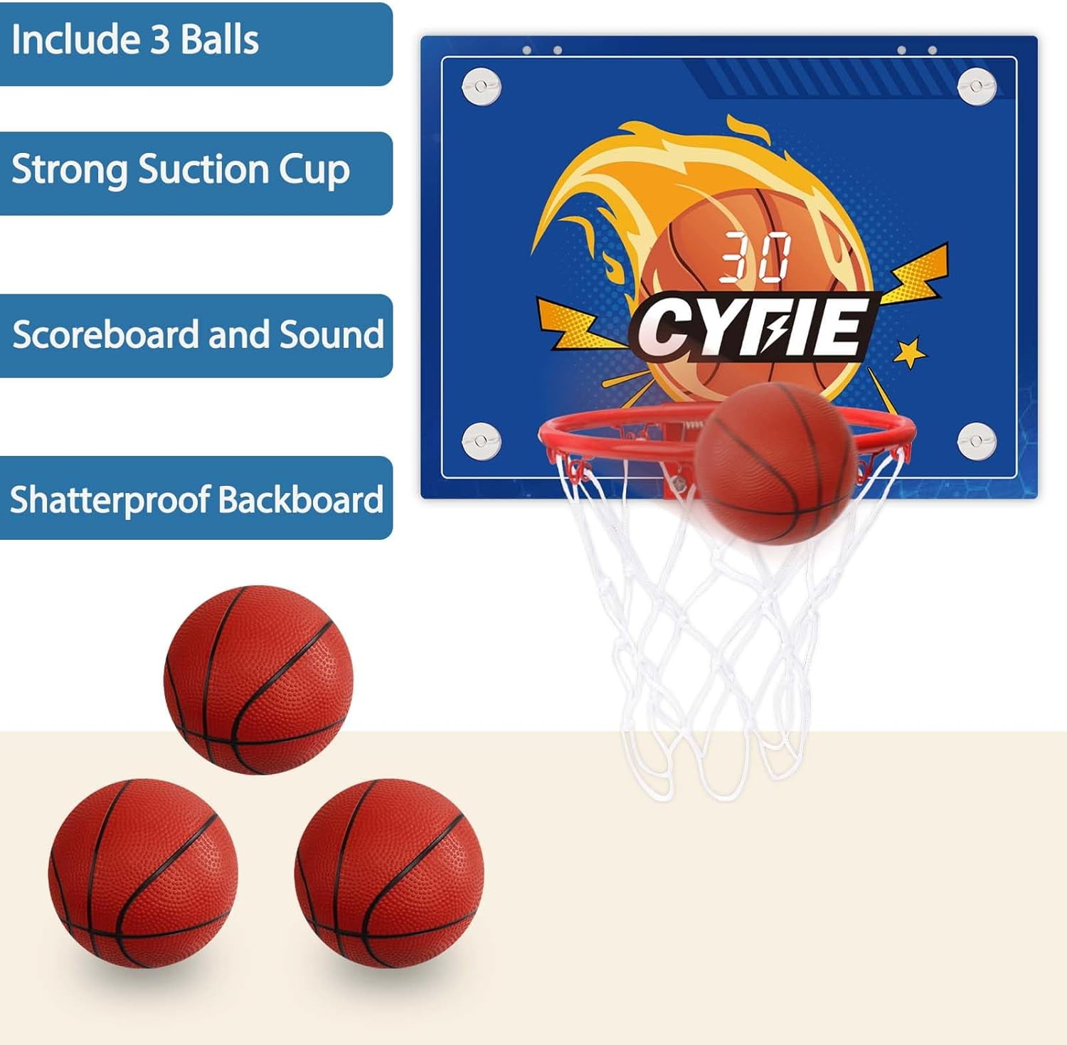 CYFIE Suction Cup Basketball Hoop with Scoreboard and Sounds, Mini Toy Basketball Hoop, 3 Balls