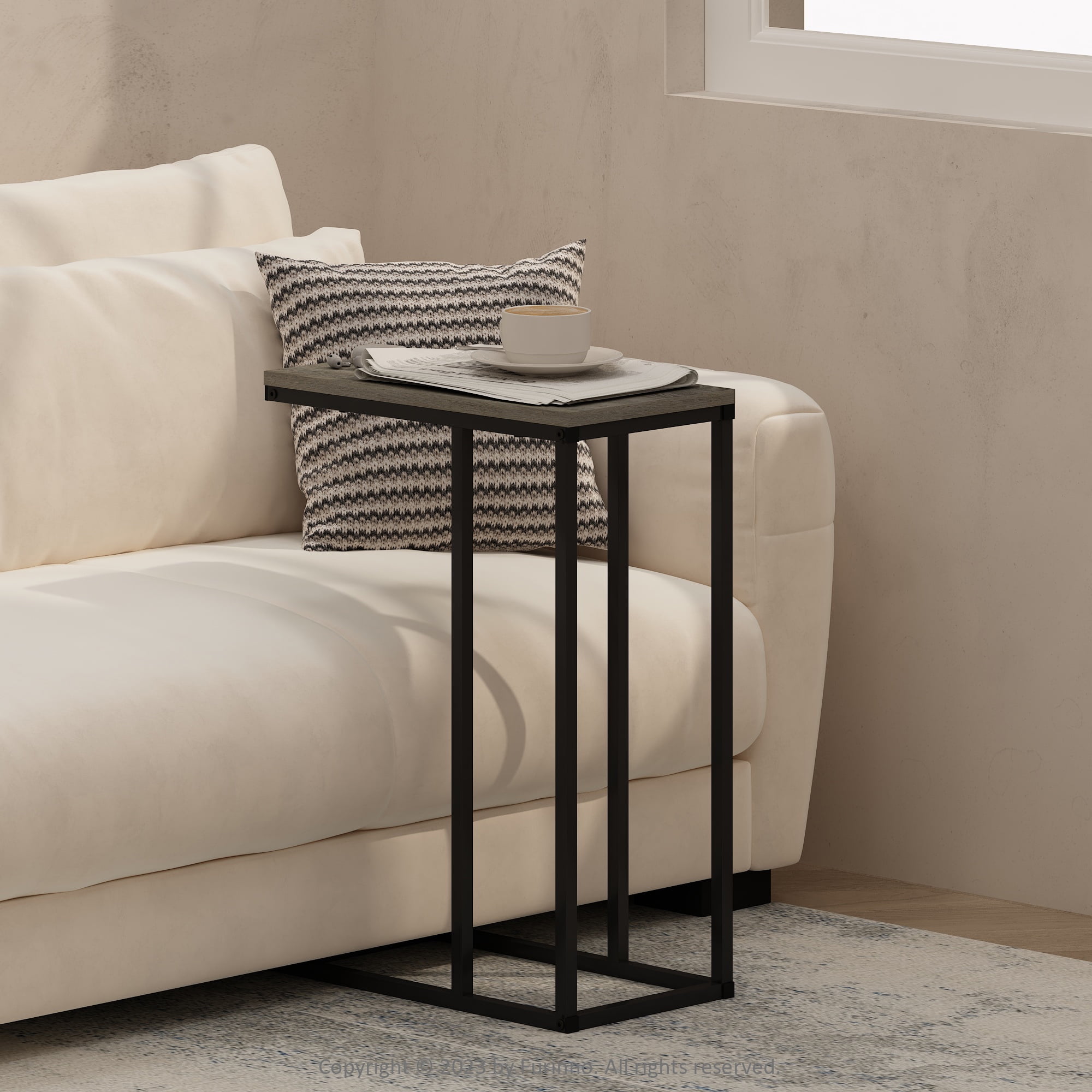 Furinno C-Shaped Side Table, End Table for Couch, Sofa & Bed with Metal Frame, French Oak Grey