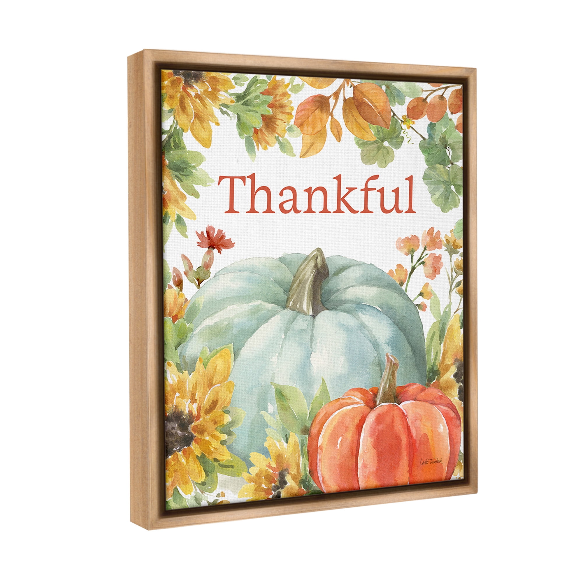 Stupell Industries Thankful with Fall Harvest Holiday Painting Brown Floater Framed Canvas Art Print Wall Art, 17 x 21