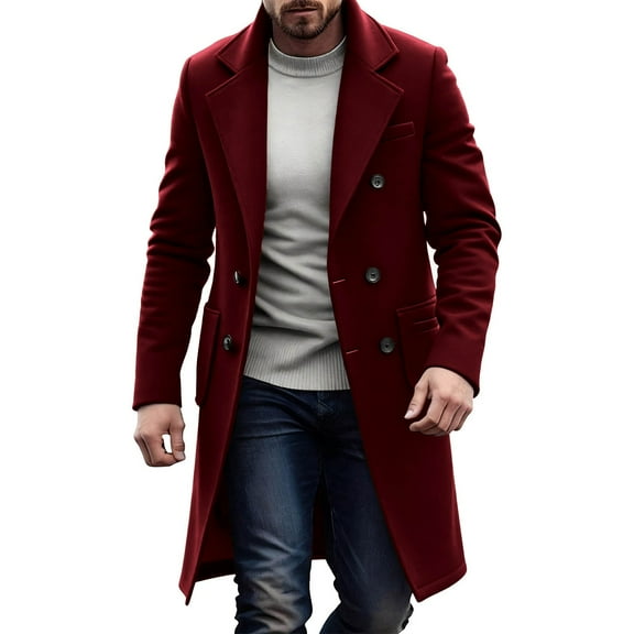 nerohusy Mens Trench Coat Single Breasted and Double Breasted Pea Coat Notched Lapel Long Jacket Warm Fall Winter Wool Overcoat Wine,L
