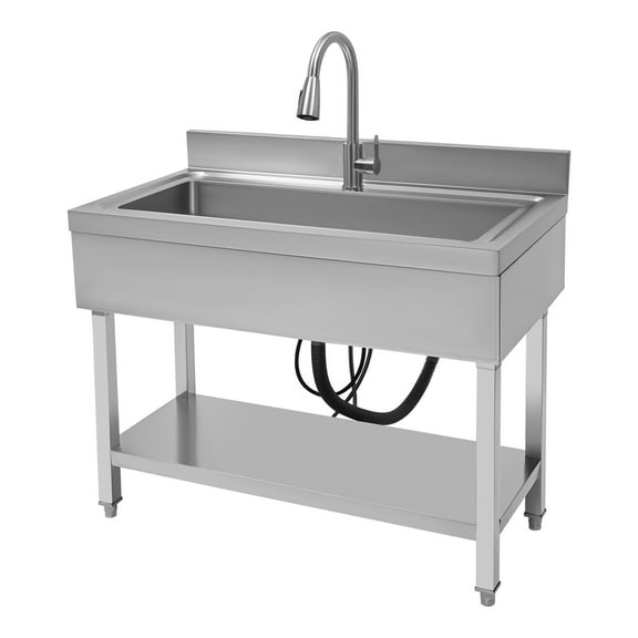 Loyalheartdy Stainless Steel Commercial Sink Freestanding Single High Capacity Utility Sinks with Pull-Out Faucet & Storage Shelf for Kitchen Laundry Room Garage Outdoor Garden 36" x 20" x 49"