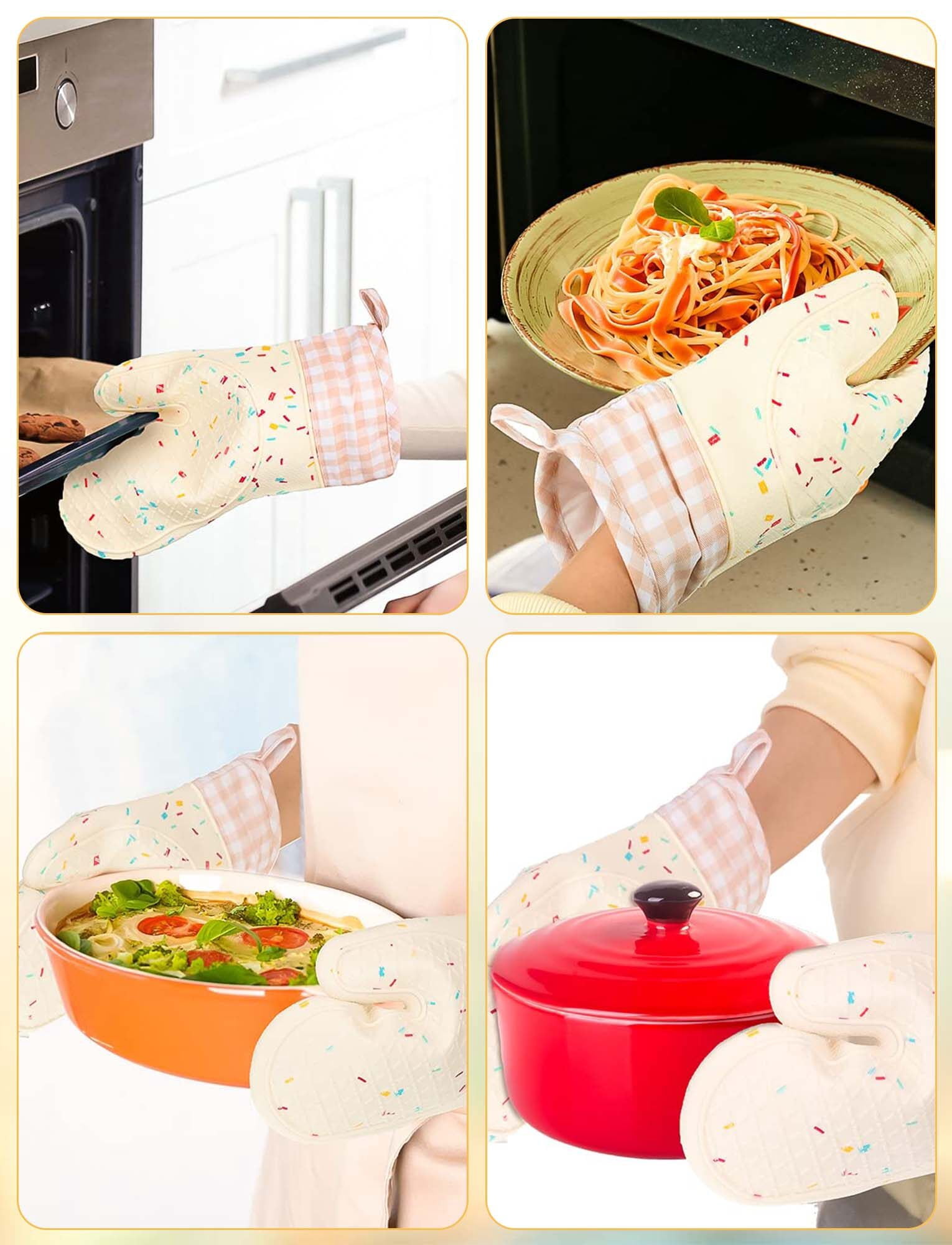 FEOYA Kitchen Oven Mitts Silicone Oven Mitten Round Pot-Holder 4 Pcs Heat-Resistant 500°F Washable Non-Slip Surface Soft Cotton Oven Gloves for Baking Cooking Grilling