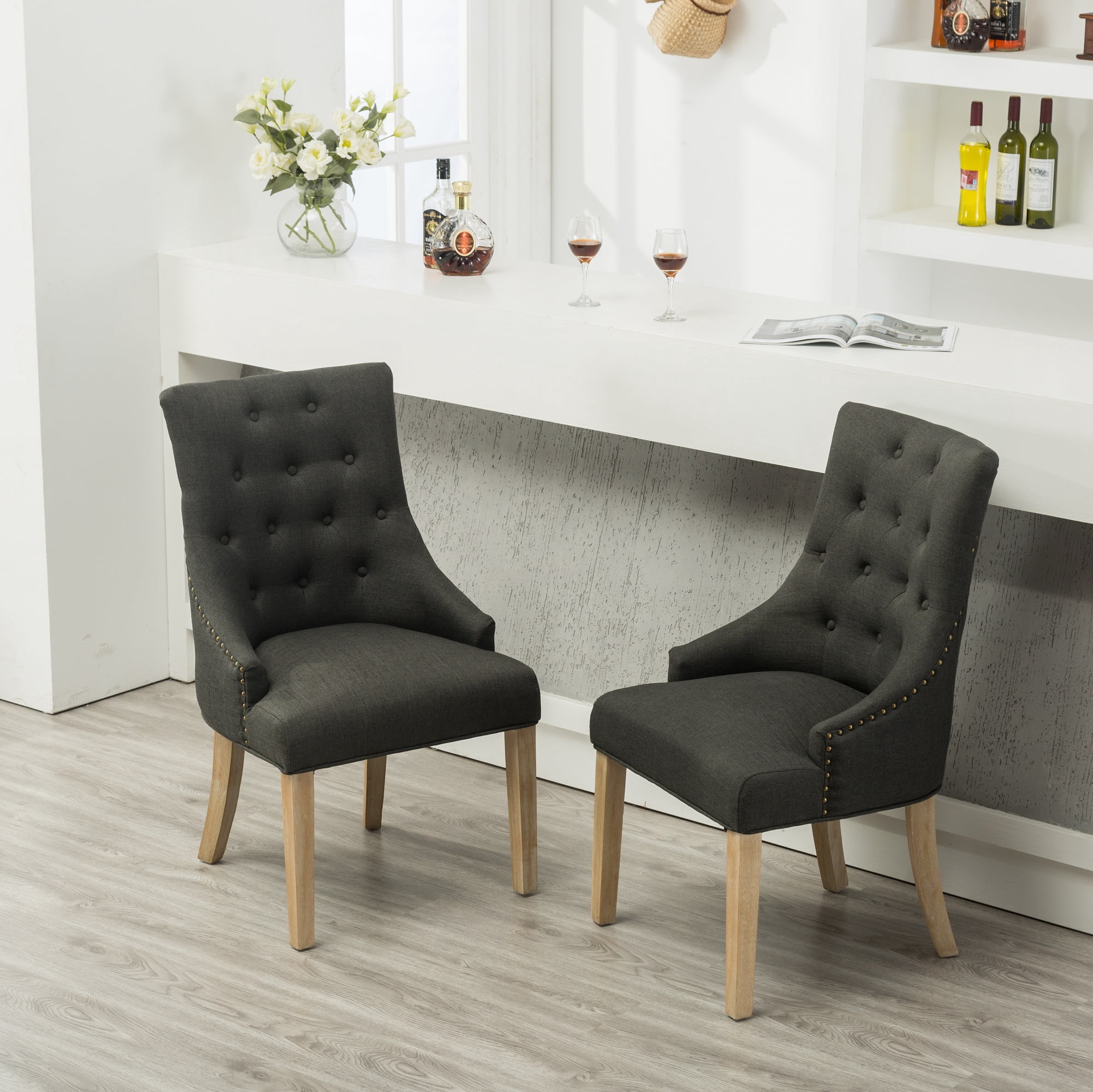 MOONMISS Set of 2 Solid Wood Button Tufted Wing back Chairs with Nail heads Dining Chairs,Charcoal