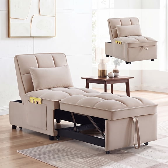 OMNIBERG 3-in-1 Convertible Sofa Bed Chair, Sleeper Sofa with Pull-Out Bed and Side Pocket, Soft Futon Couch with Adiustable Backrest and Wheels, Beige