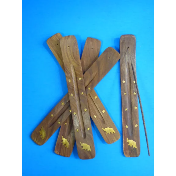 5Pc Set 10" Incense Burner Wood Ash Catcher Star Lucky Elephant Brass Inlay