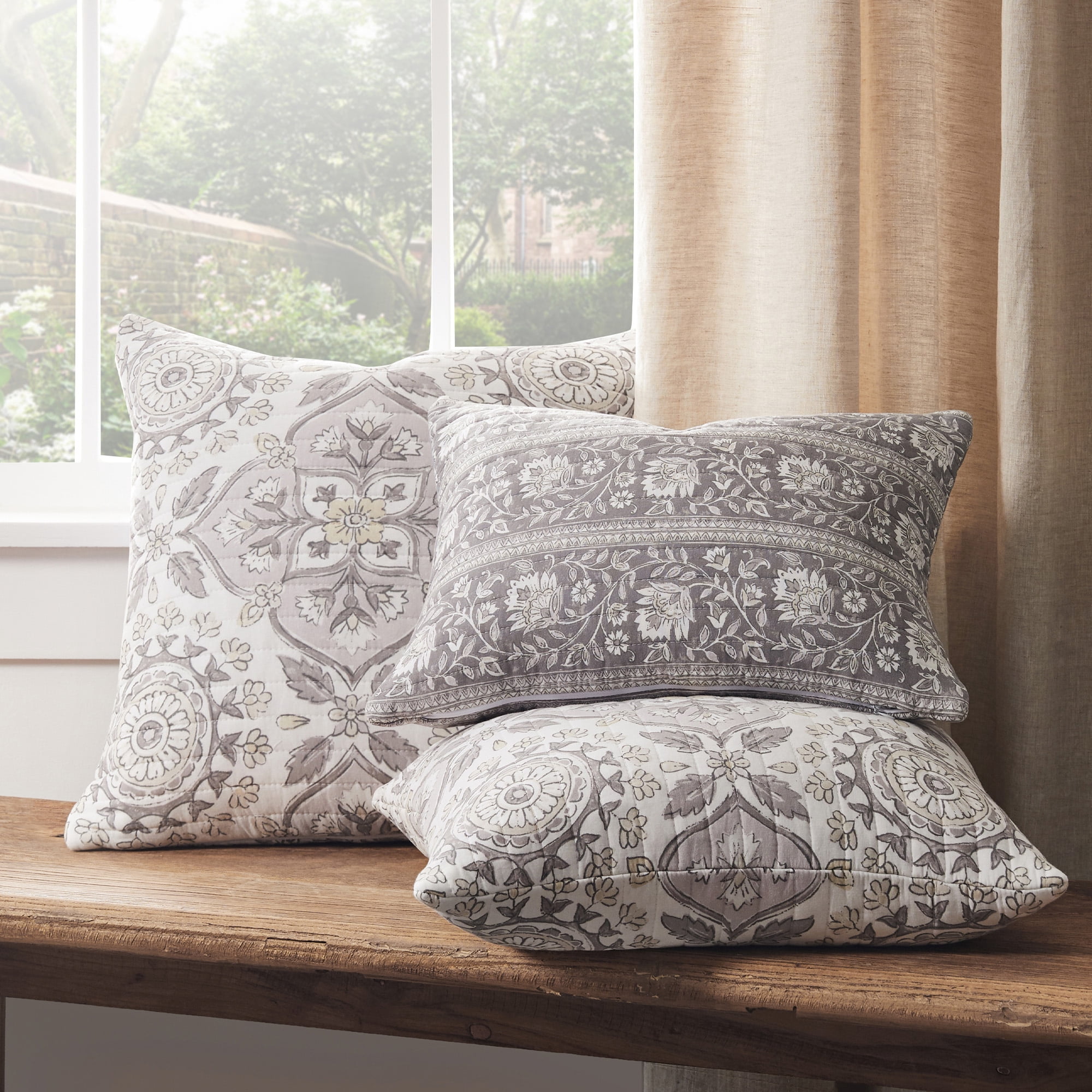 Levtex Home - Lirelle Quilt Set - King Quilt and Two King Shams - Bordered Floral - Grey Tan White and Charcoal - Quilt (106x92in.) and Shams (20x36in.) - Reversible - Cotton
