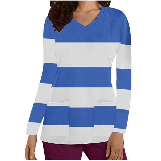 Cameland Hauts de Sarrau pour Femmes à Rayures, Chemises à Manches Longues, Chic, Col en V, Haut de Soins de Santé, T-Shirt de Travail Médical avec Poches