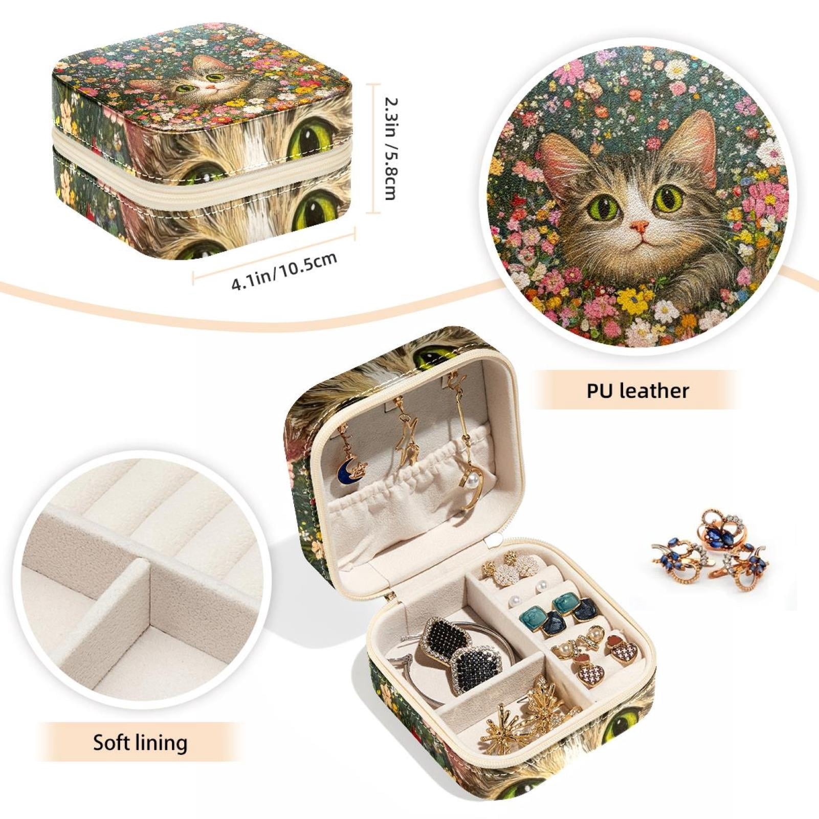 PhooArto Small Jewellery Box, Colorful Flowers and Cat Portable Travel Mini Jewelry Case for Women Leather Ring Organizer