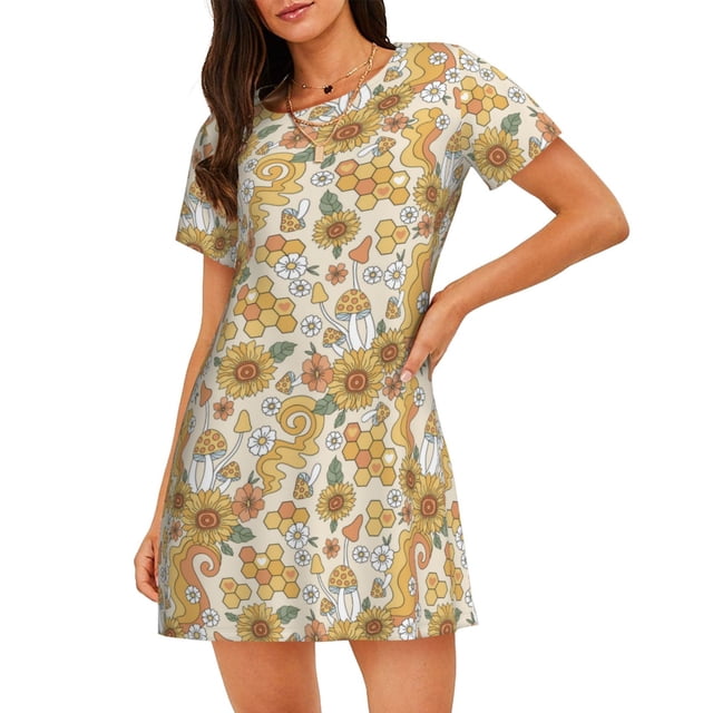 Disketp Rétro Années 70 60 Fleur pour Femmes Chemise de Nuit Manches Courtes Col Rond Mignonne Robe de Nuit Confortable