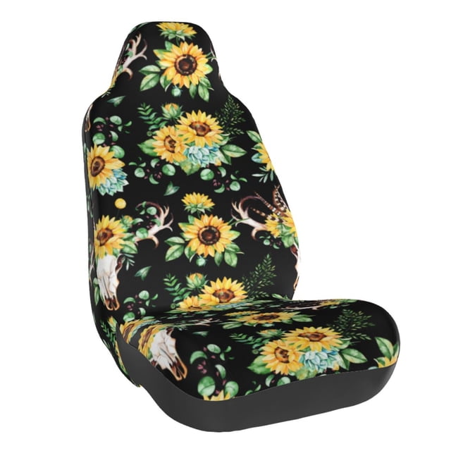 Wukai Sunflower Skull Boho Full Set Car Seat Covers with Soft Padding Universal Auto Front Seats Protector and Cushion Mat