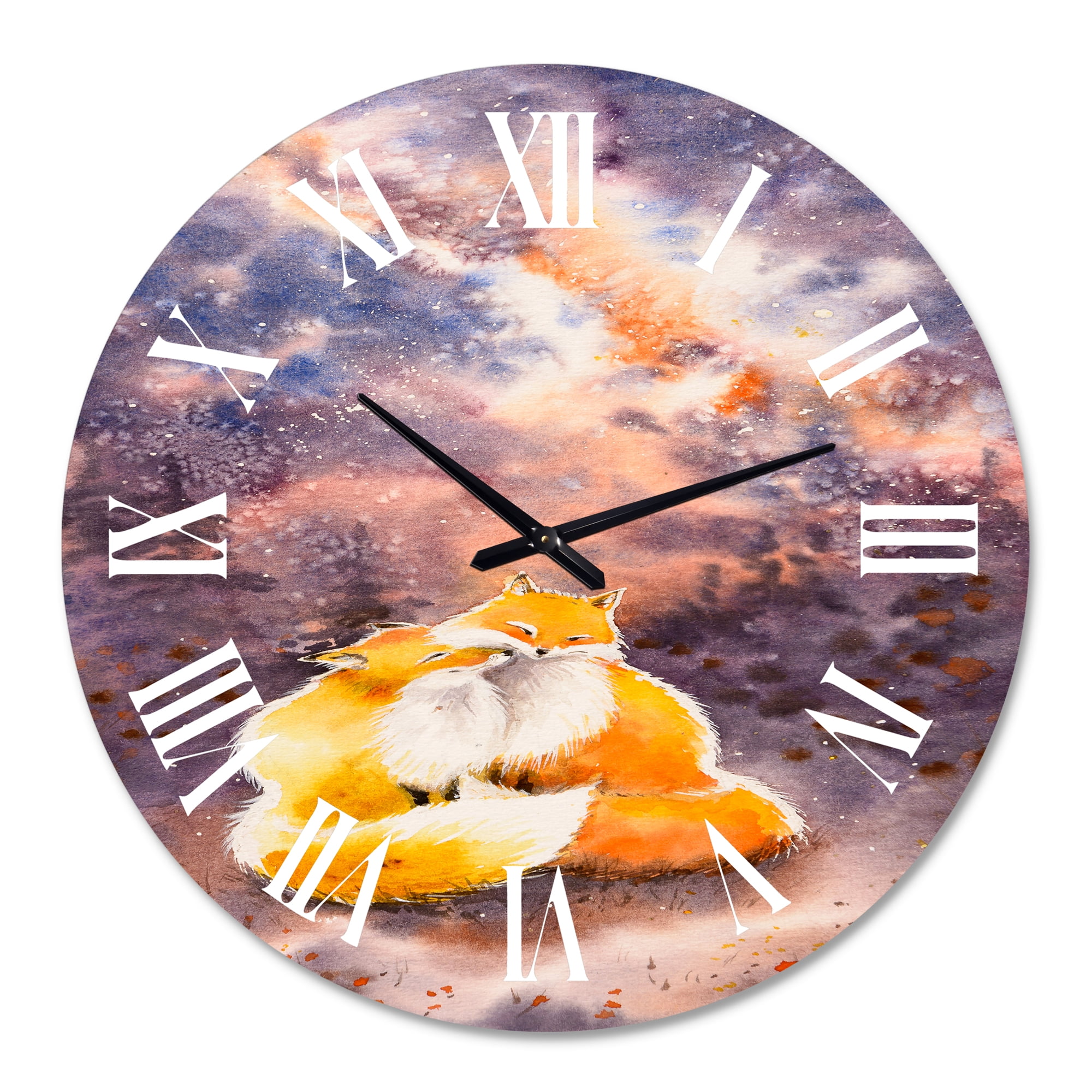 Designart 'Hugging Foxes Over A Night Sky' Children'S Art Wall Clock