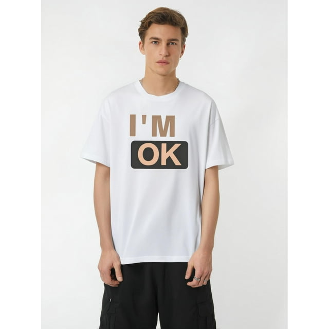 Men'S Casual Crew Neck T-Shirt with "I'M OK" Letter Print, Slight Stretch, Regular Fit, Fashionable Short-Sleeve Top for Adults