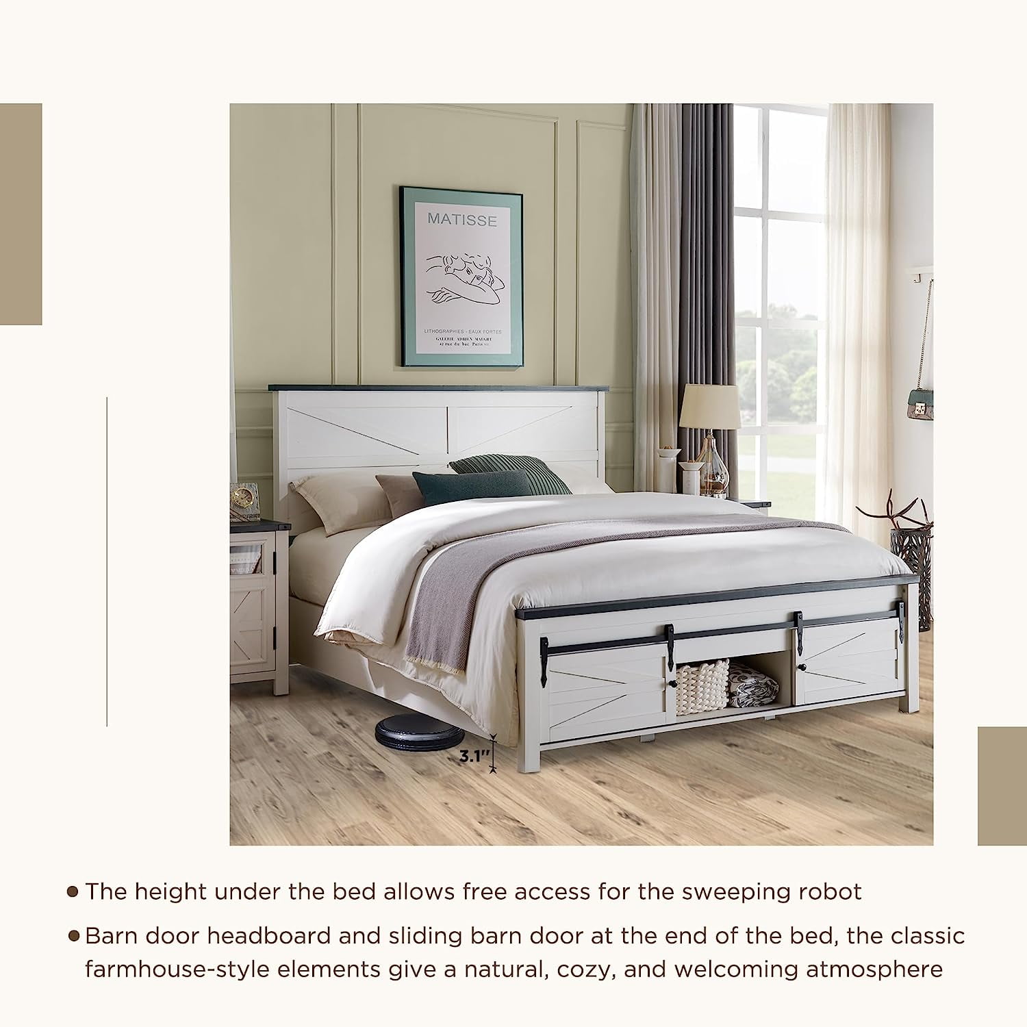 T4TREAM Farmhouse White Queen Size Platform Bed Frame with Headboard and 3 Barn Door Storage Cabinets, No Box Spring Needed, Mattress Not Included