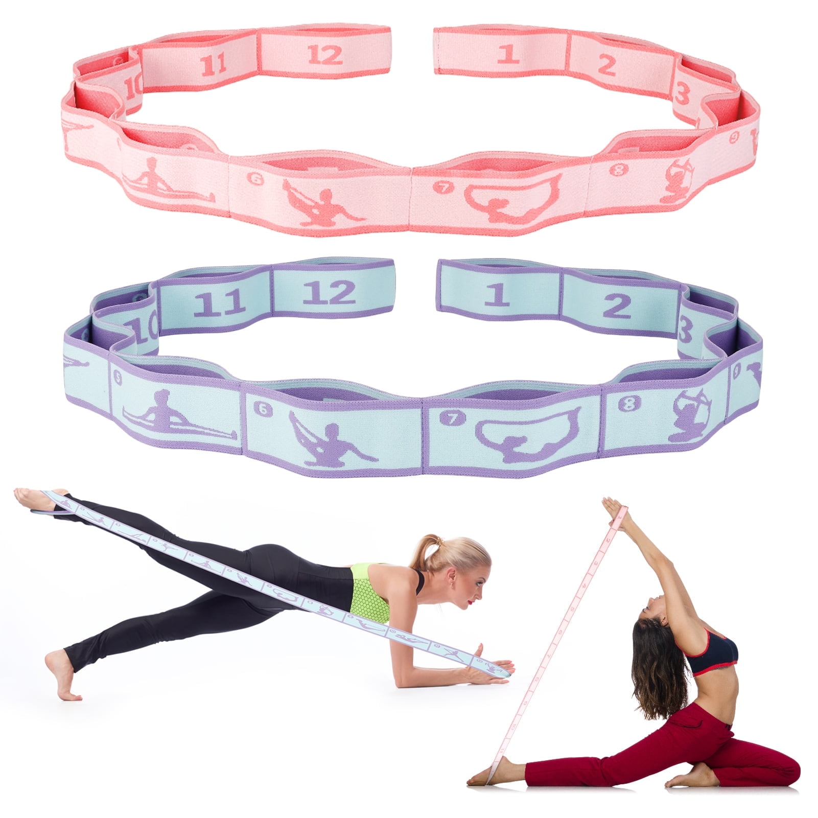Pukitry 2 Pcs Extended Stretch Bands with12 Loops, 58 inch Yoga Pilates Straps, Resistance Bands Dance Bands, Physical Therapy Bands for Working Out, Elastic Exercise Bands for Dance Fitness