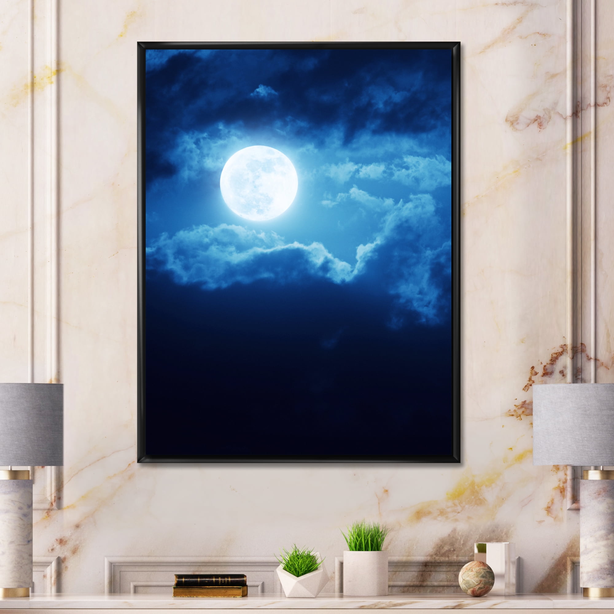 Designart 'Full Moon Night in Cloudy Sky III' Nautical & Coastal Framed Canvas Wall Art Print