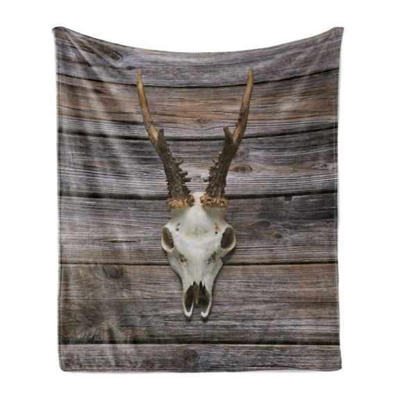 Antlers Soft Flannel Fleece Blanket, Rustic Antler on Wooden Wall Wintertime Mountain Hut Country Style Rustic Design, Cozy Plush for Indoor and Outdoor Use, 50" x 60", Brown Beige, by Ambesonne