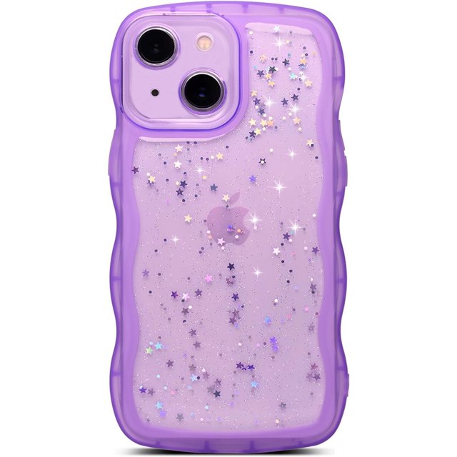 Funda Qokey para iPhone 13 Mini de 5.4 pulgadas con diseño de ondas rizadas, transparente, con purpurina y estrellas brillantes, bonita, transparente, protección total, suave TPU a prueba de golpes,