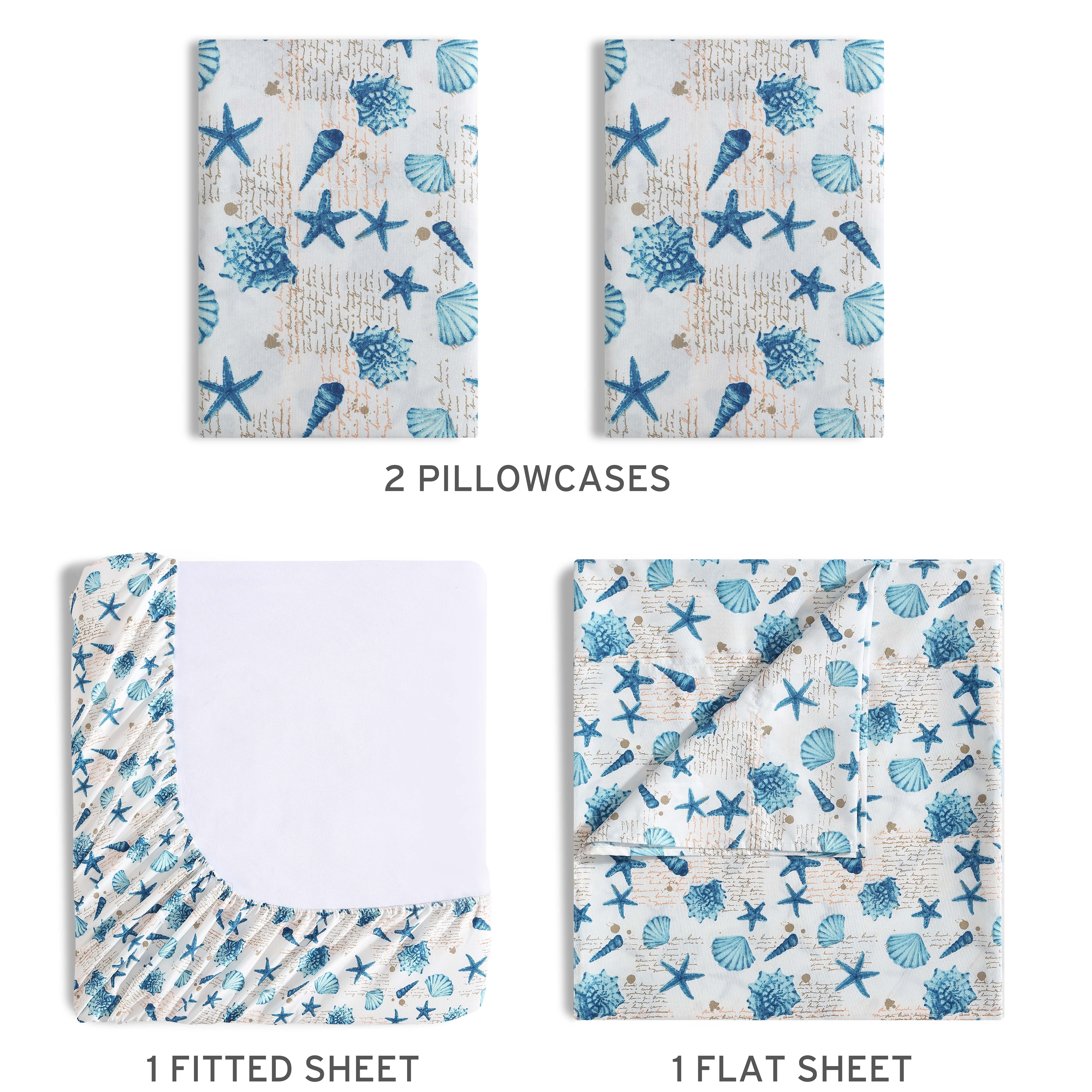 Beatrice Home Fashions Coastal Print Microfiber 4PC Sheet Set Full Shell Notes
