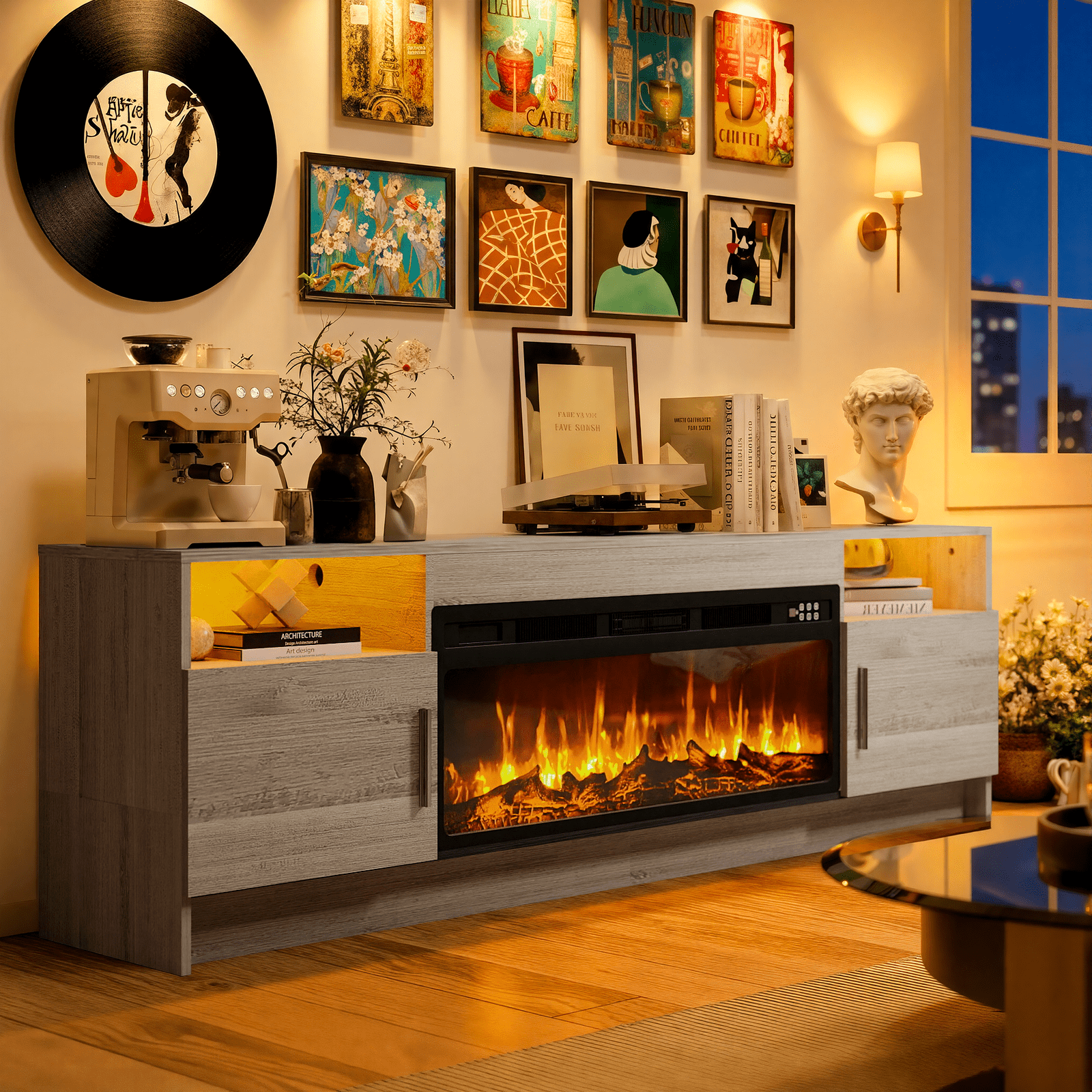 Rocyis 70” TV Stand with 3D Realistic Log Flame Electric Fireplace, Entertainment Center for TVs Up to 80-Inch, Modern TV Console with High Glossy Doors & LED Lights, Gray
