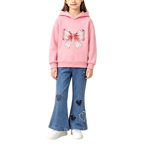 LNMQLPDBS Girls Hoodie Set Toddler Cute Graphic Pullover and Flared Jean Kids Casual 2 Piece Set Sweatshirt with Denim Pants Matching Set for Outdoor School Daily Wear