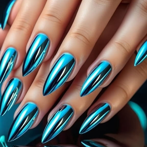 24 Pieces Medium Almond-Shaped Press on Nails - Elegant Blue Electroplated Design for Stunning Nail Art