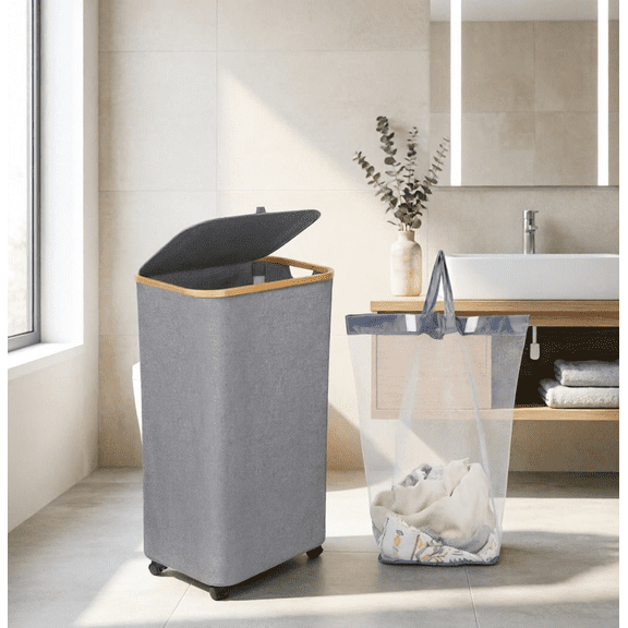 Laundry Hamper on Wheels, 100L Foldable Clothes Basket with Lid & Bamboo Handles, Grey Storage Hamper for Bedroom Bathroom Dorm