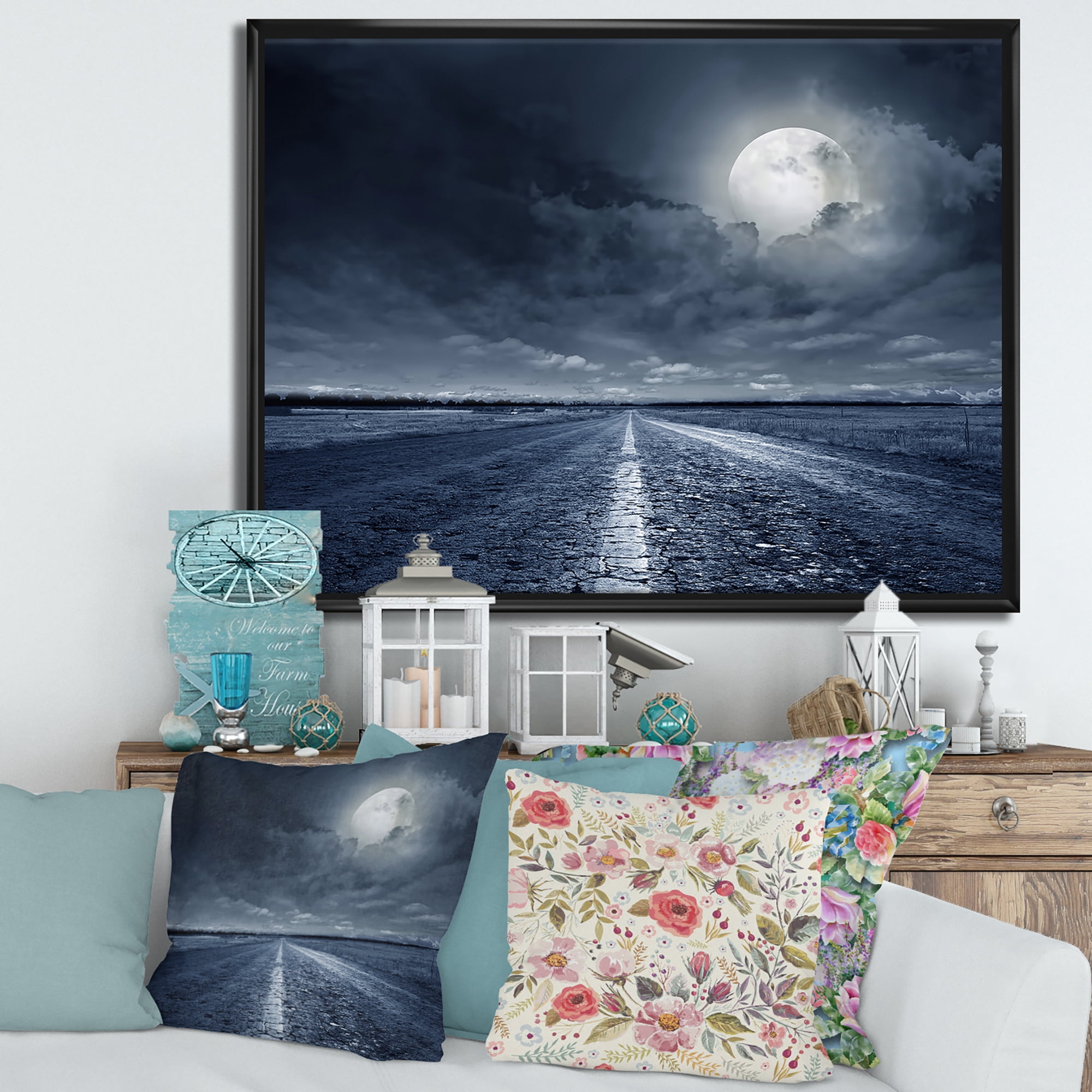Designart 'Cloudy Full Moon Over Asphalt Road I' Nautical & Coastal Framed Canvas Wall Art Print