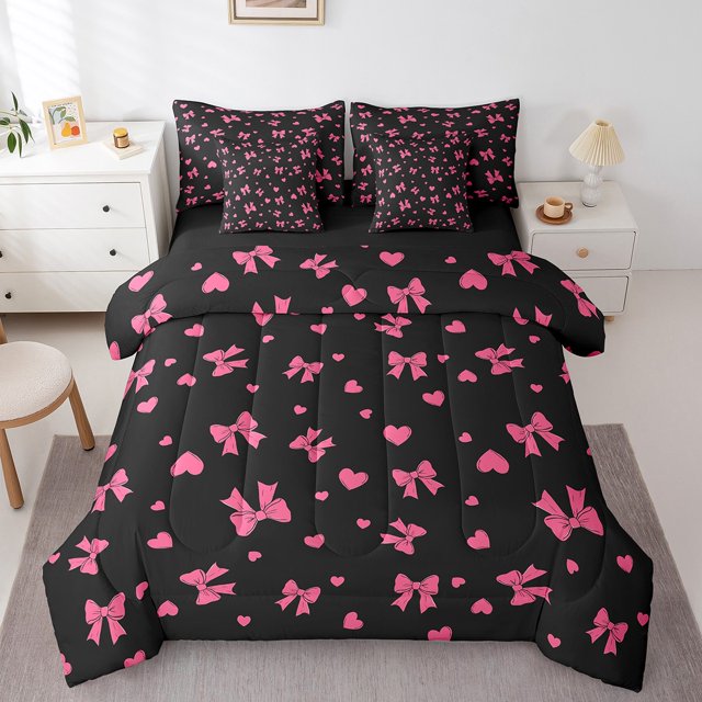Erosebridal Lit avec Nœud Kawaii Taille Complète, Ensemble de Lit Cœur de Princesse, Noir Rose, Réversible 7 Pcs