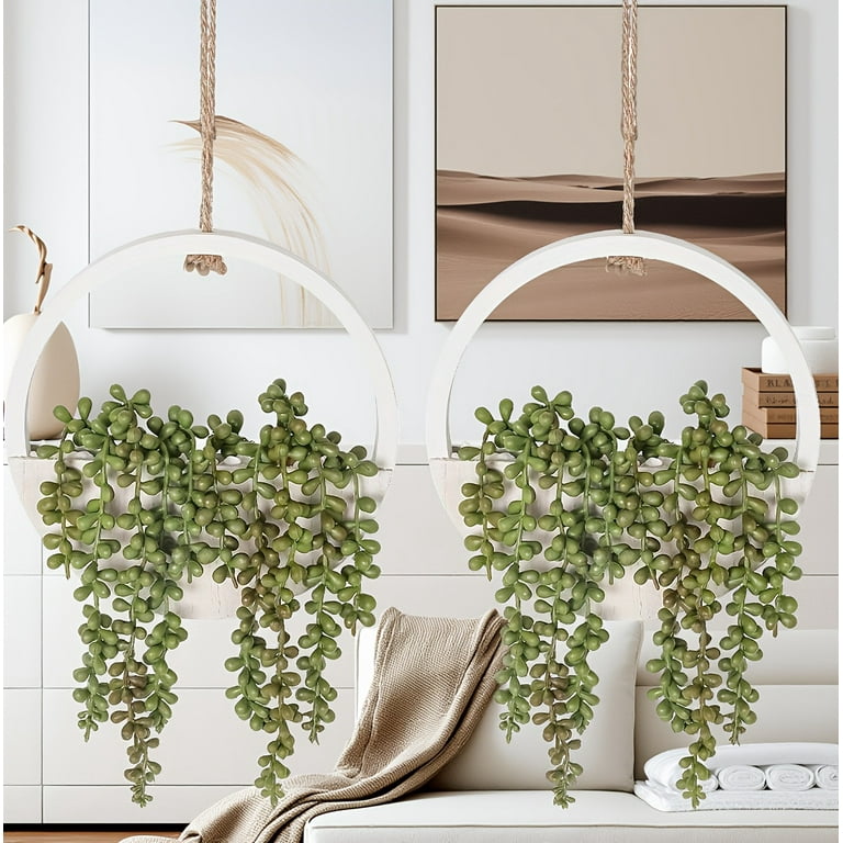 HuiJuMei 2pcs Artificial Hanging Succulent Plants, Fake String of Pearls in  Pot with Lanyard Boho Wall Decor for Indoor Outdoor Wall Decor.White