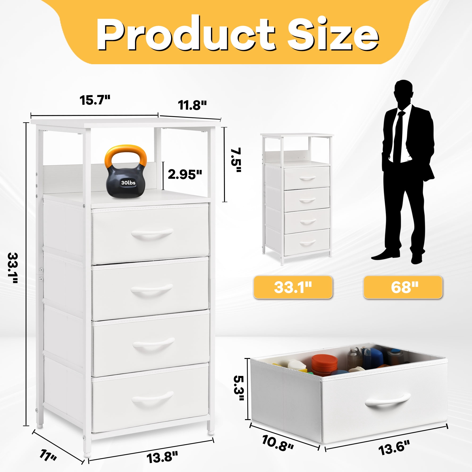 YEEZEE Nightstand,Dresser with 4 Fabric Storage Drawers,Tall Nightstand with Open Wood Shelves,White