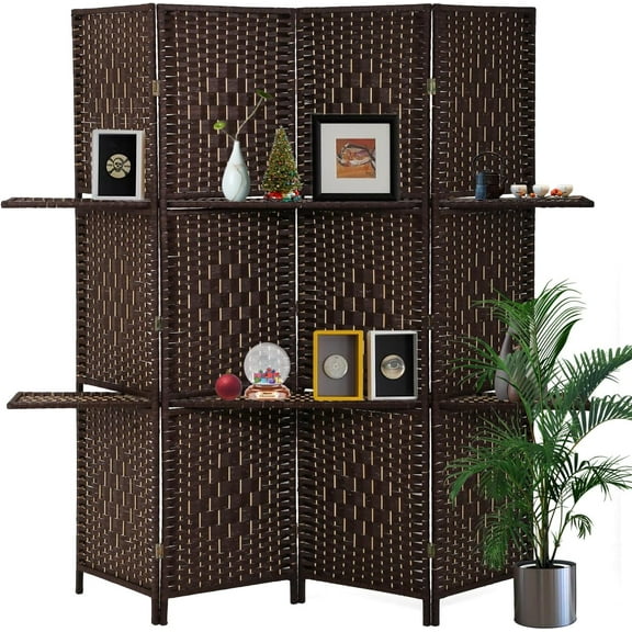 Dkelincs 71 inch Wooden Room Dividers 4 Panel Portable Folding Privacy Screen with Shelves, Brown