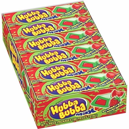 Wrigley’s Hubba Bubba Max Strawberry Watermelon Bubble Gum, 18 Packs, 5 Pieces Each (90 Total)