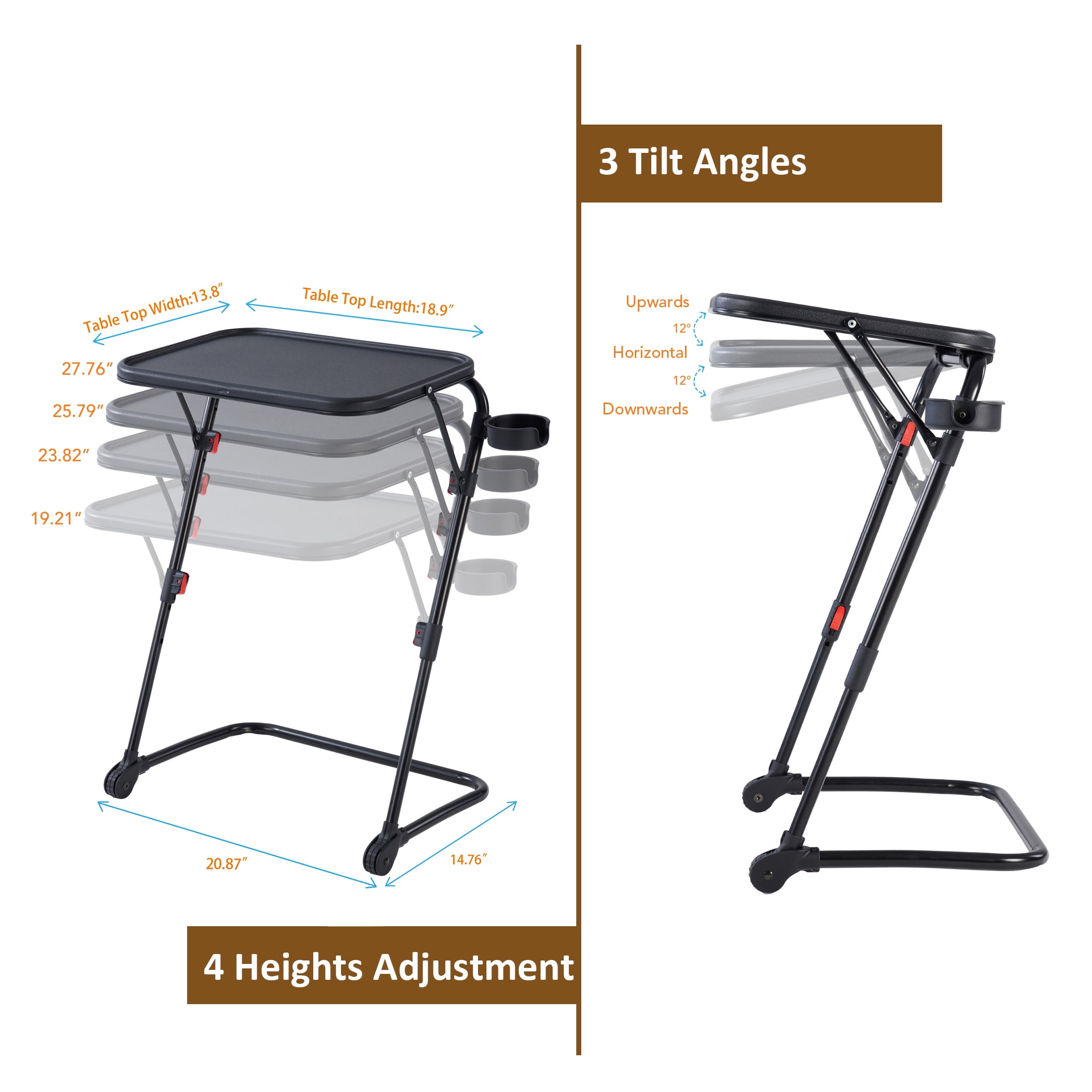 Mainstays Adjustable Folding TV Tray With Cup Holder Black, 20.87"W x 14.76"D x 27.76"H