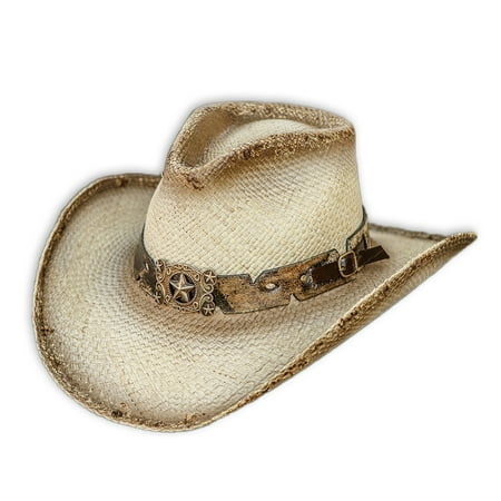 - Stampede Genuine Panama Straw General Western Pinch Front Cowboy Hat, Tea Stain