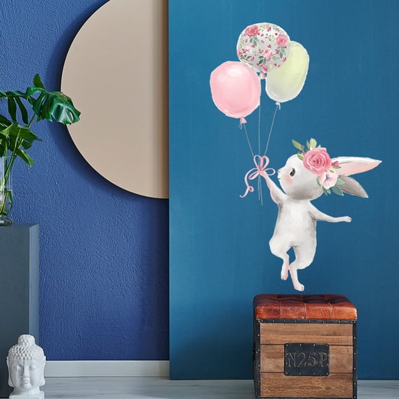 Balloon Flying Animals Wall Decals, Cute Lovely Bunny Rabbit Wall Stickers, Removable Peel and Stick Cartoon Multicoloured Vinyl Home Decor for Kids Nursery Bedroom Living Room