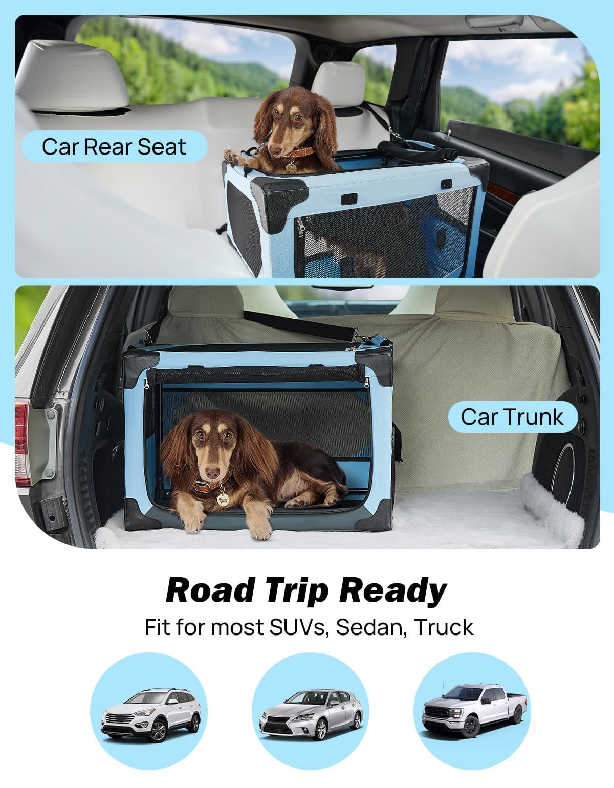 Collapsible Dog Crate  20 Inch Portable Pet For Car Travel Foldable Puppy/small 18 Lbs Soft Cat Carrier Fit Indoor & Outdoor/car Back Seat/trunk (blue)