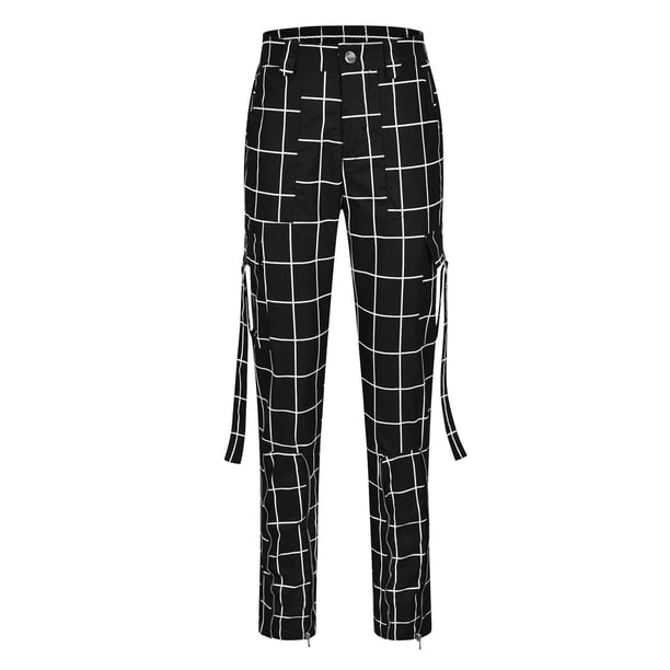 VISgogo Pantalones cargo para mujer, pantalones de cintura alta con estampado de cuadros/color sólido con bolsillos VISgogo moda