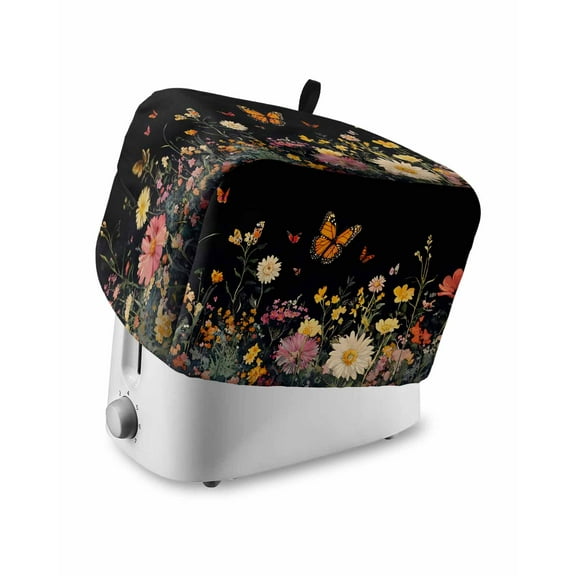 Fsddascl Farmhouse Floral Toaster Cover 4 Slice, Large Kitchen Appliance Covers, Spring Flowers Black Toaster Oven Cover with Loop, Bread Machine Cover Polyester Dust Cover Protection