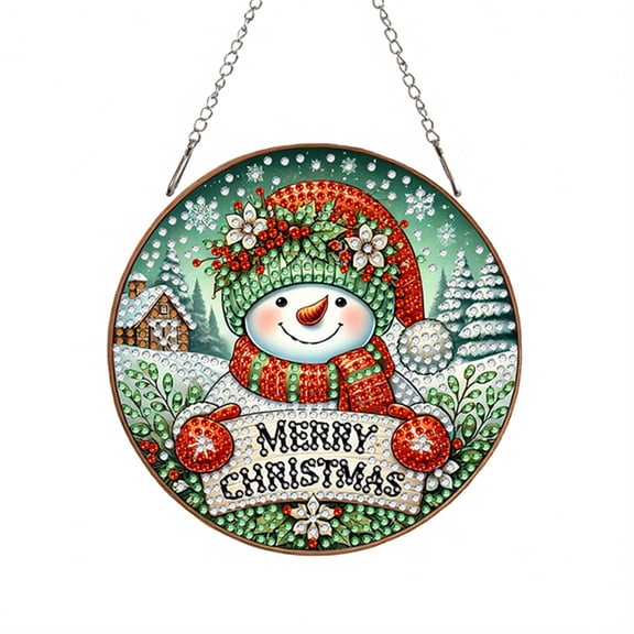 Cute Snowman 5D Diamond Painting Kit, Acrylic Christmas Ornament DIY Craft for Home Wall Decor, Merry Xmas Door Hanging Gift for Kids Adults, Festive Holiday Decoration