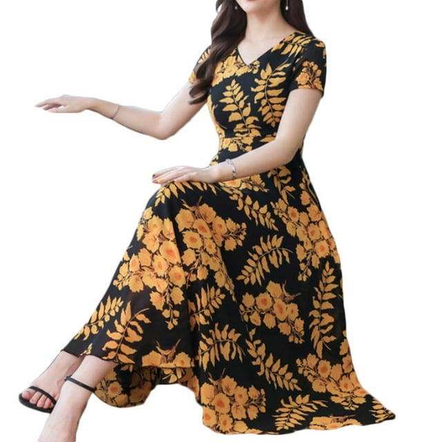 EIMELI Lady Fashion Floral Print Tight Waist Large Swing V-Neck Short Sleeve Maxi Dress
