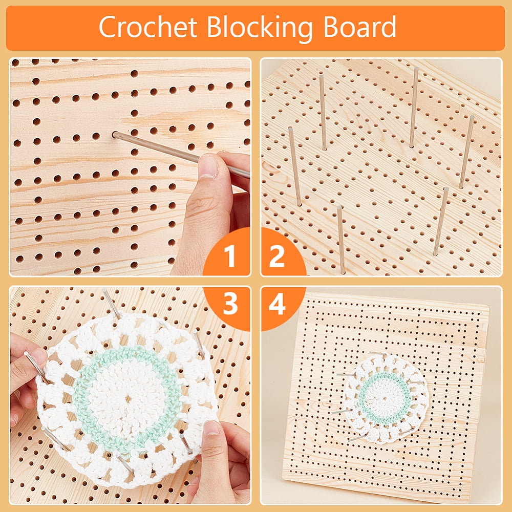 1set 13x11.8inch Crochet Blocking Board Square Wooden Blocking Mat with 24pcs 3.9" & 6pcs 5.9" Stainless Steel Rods for Handcrafted Knitting and Crocheting Sewing Gift