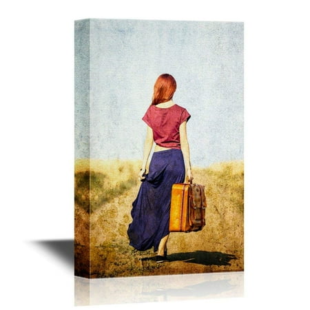 Suitcase Decor (wall26 Canvas Wall Art - Redhead Girl with Suitcase at Countryside Road - Gallery Wrap Modern Home Decor | Ready to Hang - 16x24)