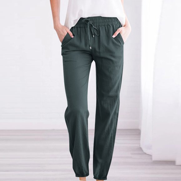 RKSTN Womens Pants Woman Solid Color Cotton And Linen Drawstring Elastic Waist Long Straight Pants Soft Loose Straight Leg Hiking Pants