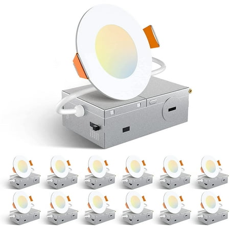 

12 Pack 6 Inch 5CCT Ultra-Thin LED Recessed Ceiling Light with Junction Box 2700K/3000K/3500K/4000K/5000K Selectable 12W Eqv 110W Dimmable Canless Wafer Downlight 1050LM High Brightne