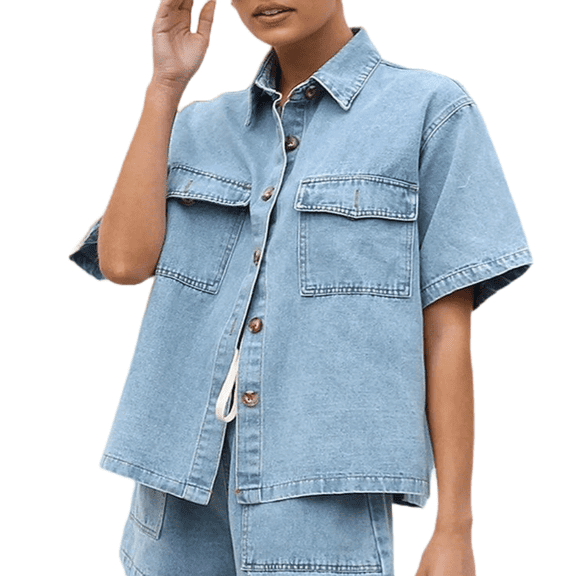 LYMAYTER Women's Denim Set‌ Short Sleeve Button Down Shirt Drawstring Shorts Casual Two Piece S-2XL