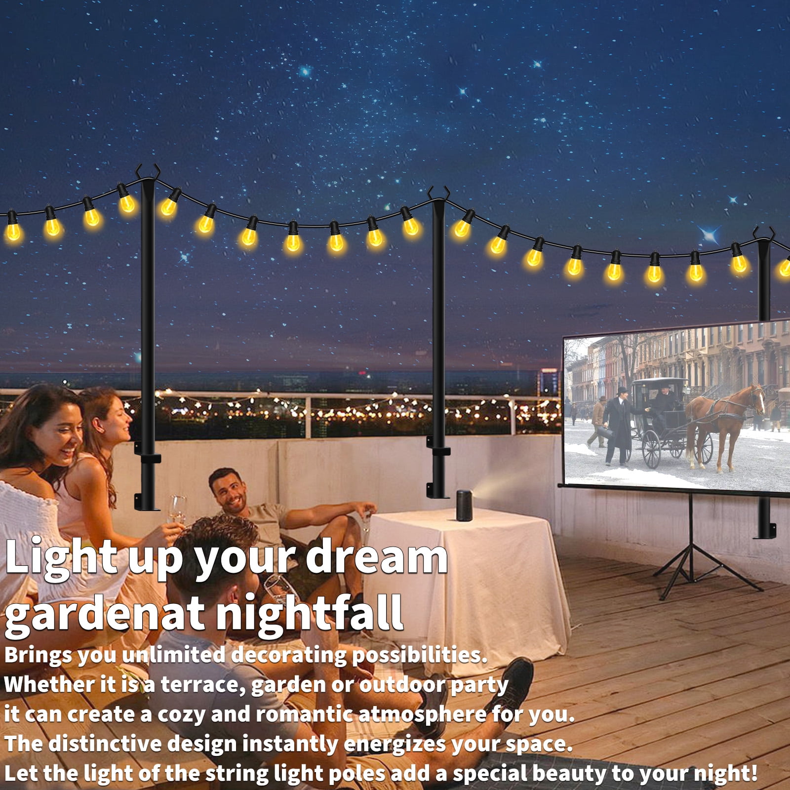 6Pack 5FT Heavy Duty Metal Outdoor String Light Poles with Stable Stand, Hanging Light Poles for Patio Backyard Garden Wedding Party Decor
