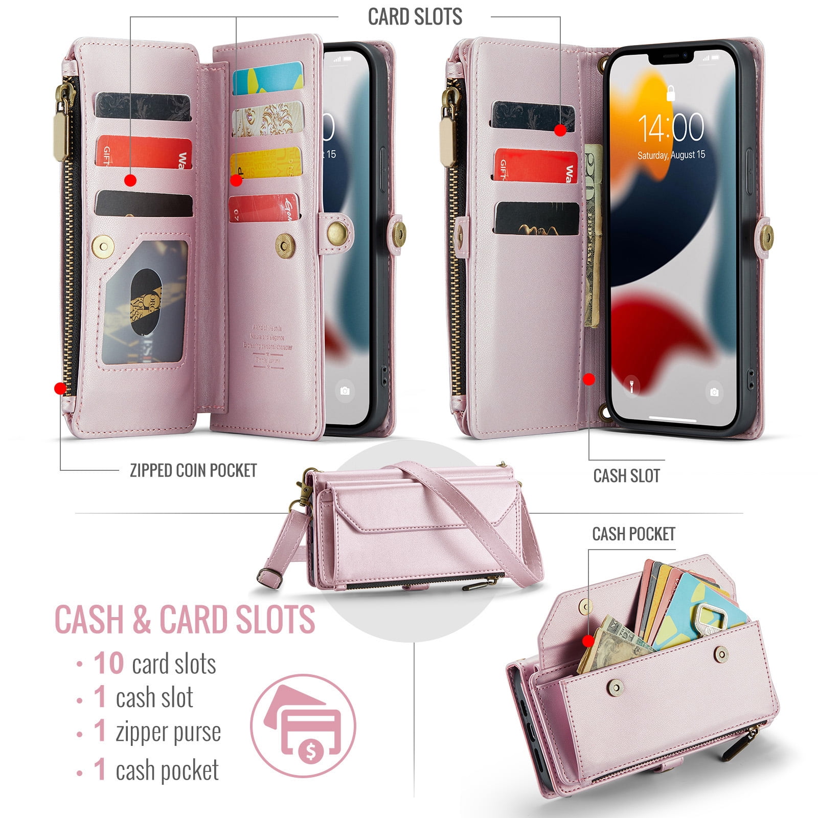 Compatible with iPhone 14 Pro Max 6.7 inch Zipper Wallet Phone Case Tempered Glass Screen Protector Crossbody Lanyard Strap Flip Card Holder Slot Cell Cover for iPhone14promax i14Max Women Rose Gold