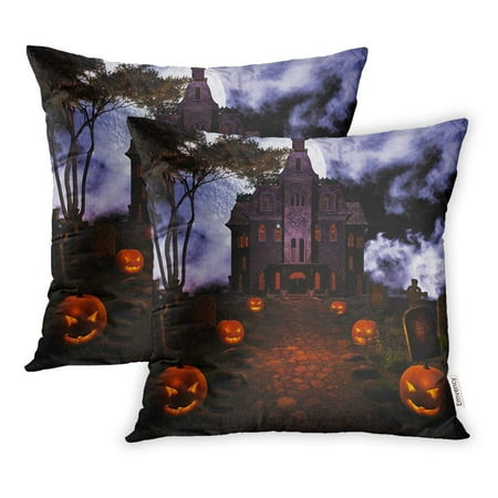 ARHOME Halloween Road to Haunted House Cemetery Dark Full Moon Jack Lantern Night Pillowcase Cushion Cover 20x20 inch, Set of 2