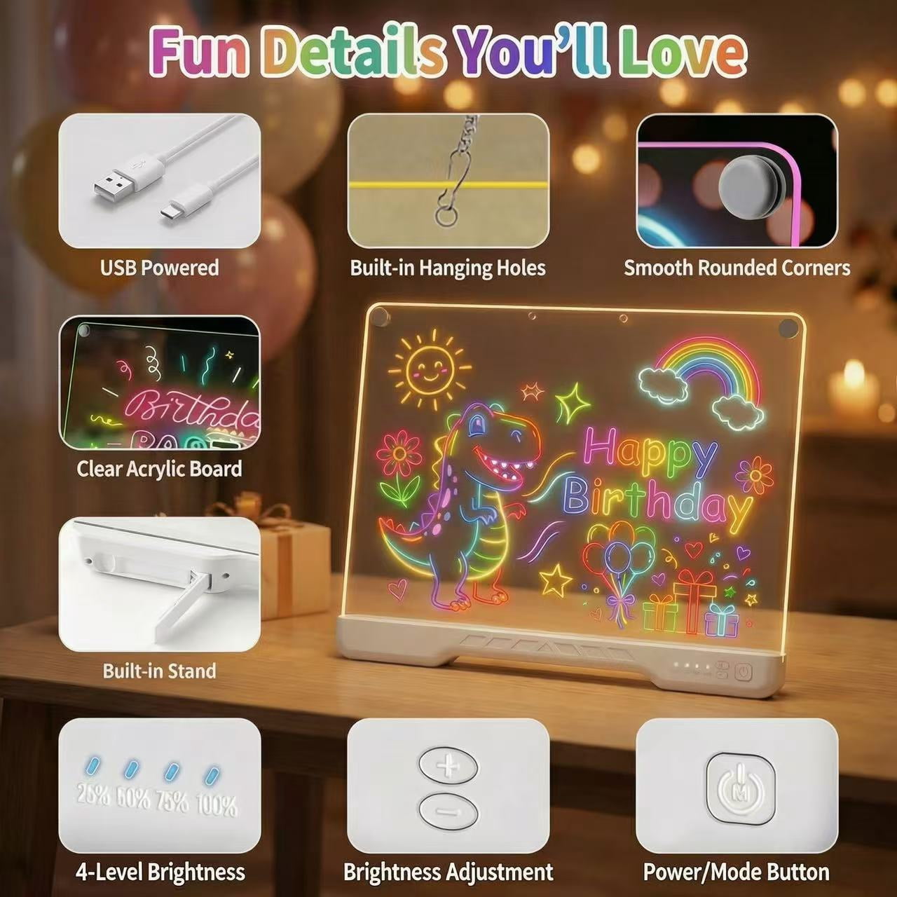 Vonieion 16 inch Rechargeable LED Drawing Board with 7 Markers & 10 Modes, Neon Art Dry Erase Light Up Drawing Pad with Built-in Stand, Sketching Gift Toy for Kids/Girls/Teens